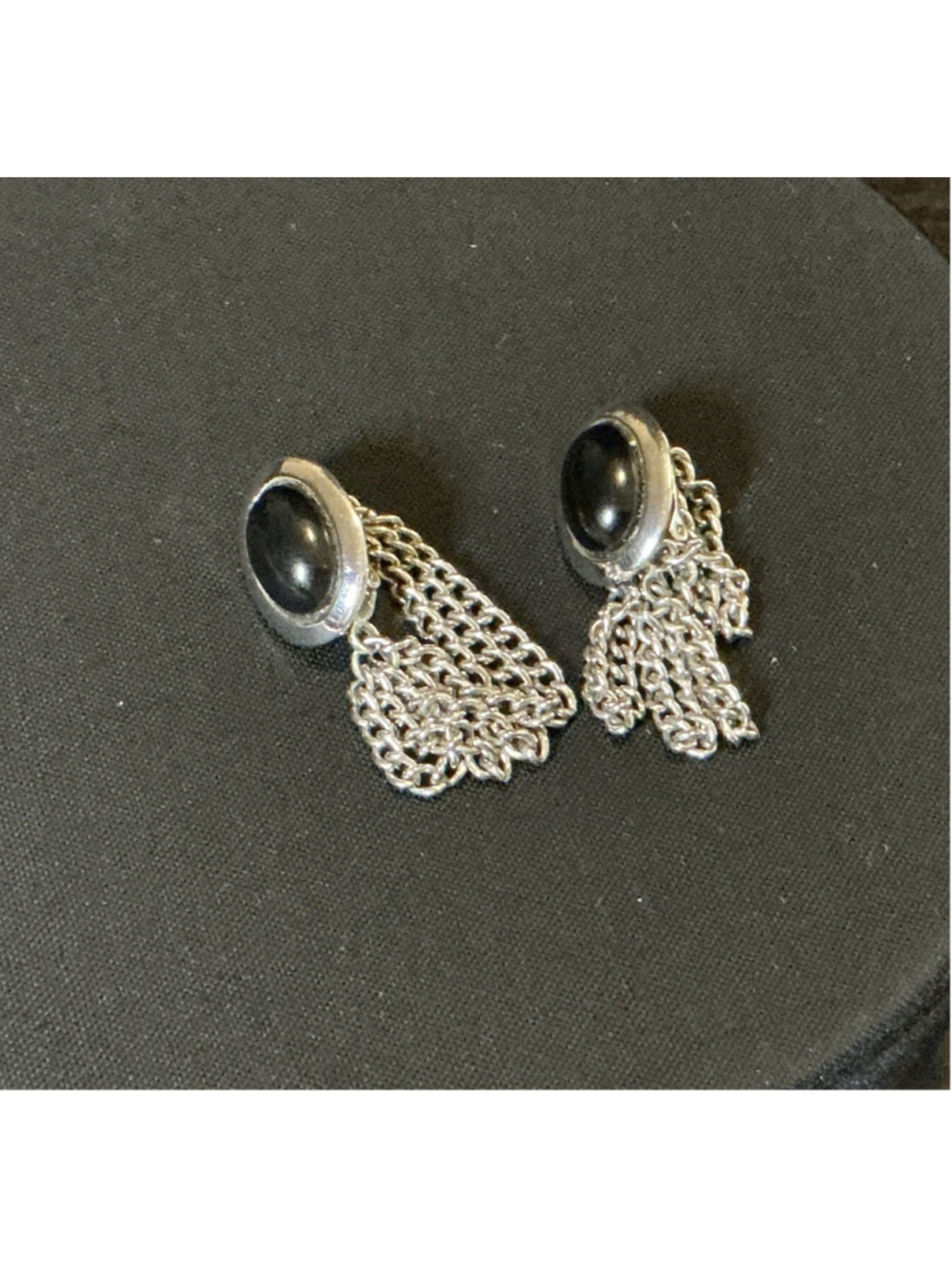 Vintage Emmons Signed Silver Tone Black Cabochon Multi Chain Clip On Earrings.